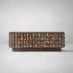 bronz sırlı seramik karolu özel üretim büfe, koyu ceviz gövdeli özel ölçü sideboard, oval köşeli sipariş mobilya büfe, altın yansımalı döküm seramik yüzeyli ısmarlama mobilya, lüks yemek odası büfesi