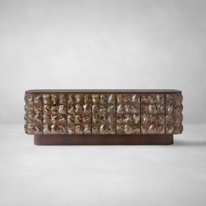 bronz sırlı seramik karolu özel üretim büfe, koyu ceviz gövdeli özel ölçü sideboard, oval köşeli sipariş mobilya büfe, altın yansımalı döküm seramik yüzeyli ısmarlama mobilya, lüks yemek odası büfesi