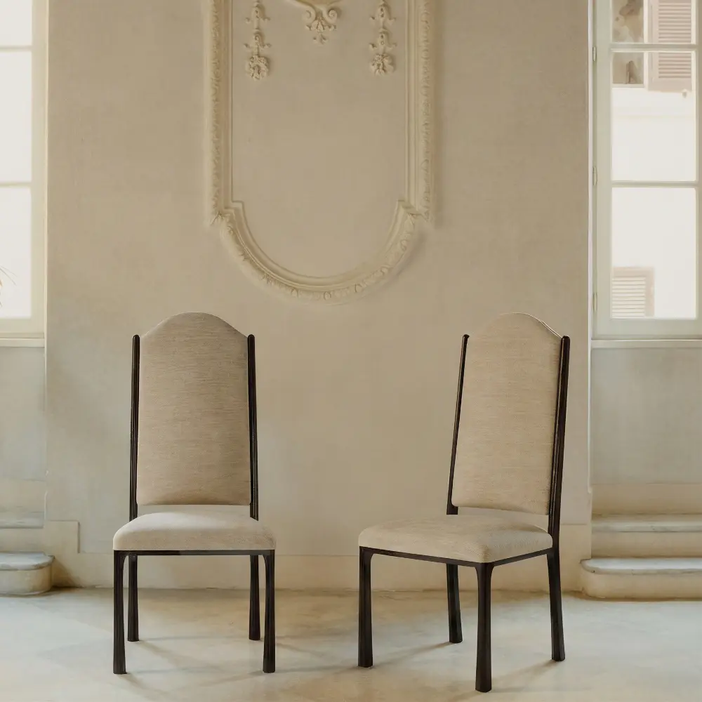 minimal luxury sandalye, contemporary upholstered dining chair, ozel uretim modern sandalye, yuksek sirtli dining chair, koyu ahsap contemporary sandalye