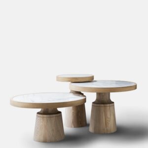 özel üretim zigon sehpa, mermer tablalı contemporary sehpa, masif meşe collectible coffee table, konik ayaklı luxury yan sehpa, organik formlu modern sehpa