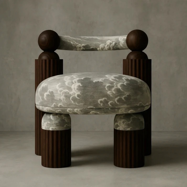 bulut desenli collectible koltuk, özel üretim luxury lounge chair, ceviz heykelsi contemporary koltuk, organik formlu designer lounge chair, collectible design statement koltuk