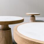 özel üretim zigon sehpa, mermer tablalı contemporary sehpa, masif meşe collectible coffee table, konik ayaklı luxury yan sehpa, organik formlu modern sehpa