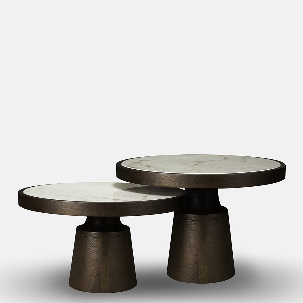 özel üretim zigon sehpa, mermer tablalı contemporary sehpa, masif meşe collectible coffee table, konik ayaklı luxury yan sehpa, organik formlu modern sehpa