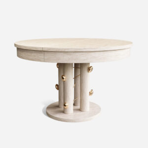 açık meşe yuvarlak özel üretim masa, pirinç detaylı özel ölçü yemek masası, silindirik ayaklı sipariş mobilya masa, dairesel kaideli ısmarlama mobilya, modern lüks yuvarlak dining table