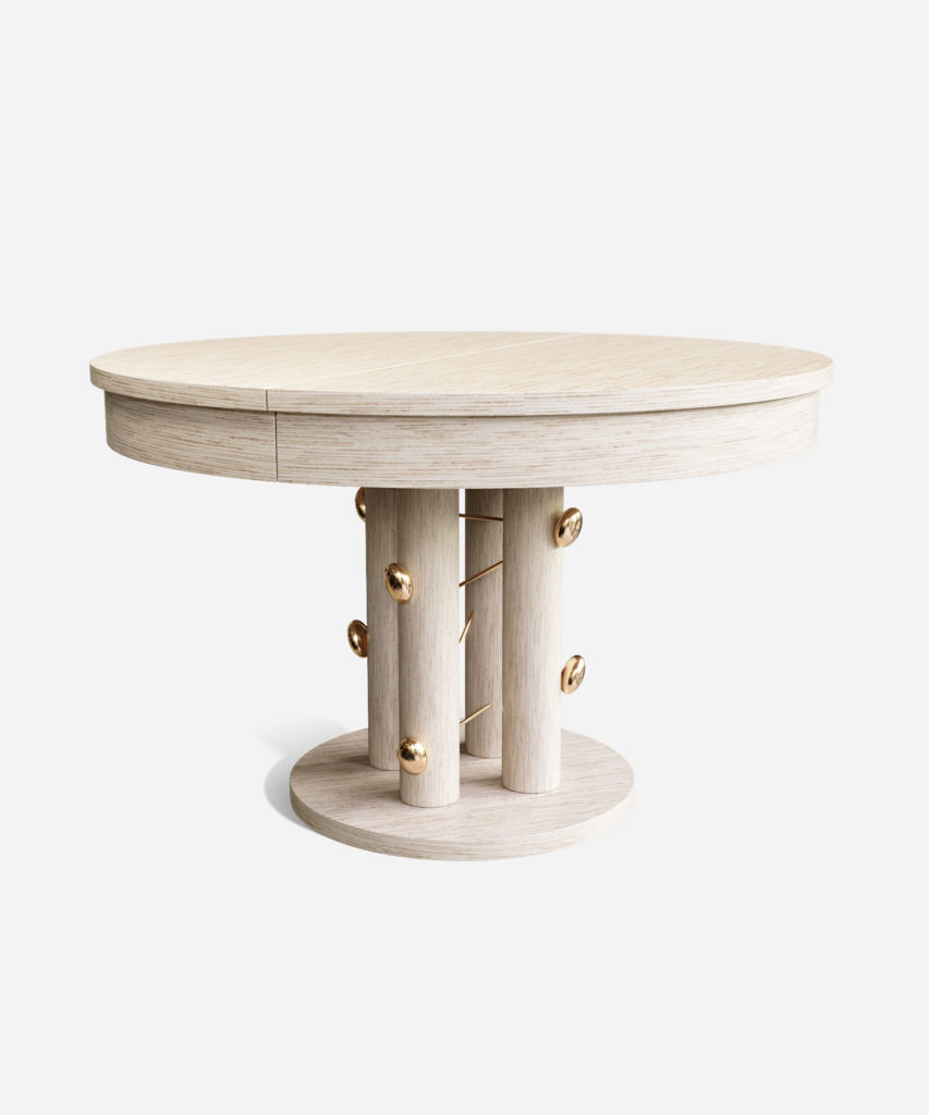 açık meşe yuvarlak özel üretim masa, pirinç detaylı özel ölçü yemek masası, silindirik ayaklı sipariş mobilya masa, dairesel kaideli ısmarlama mobilya, modern lüks yuvarlak dining table