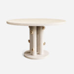 açık meşe yuvarlak özel üretim masa, pirinç detaylı özel ölçü yemek masası, silindirik ayaklı sipariş mobilya masa, dairesel kaideli ısmarlama mobilya, modern lüks yuvarlak dining table