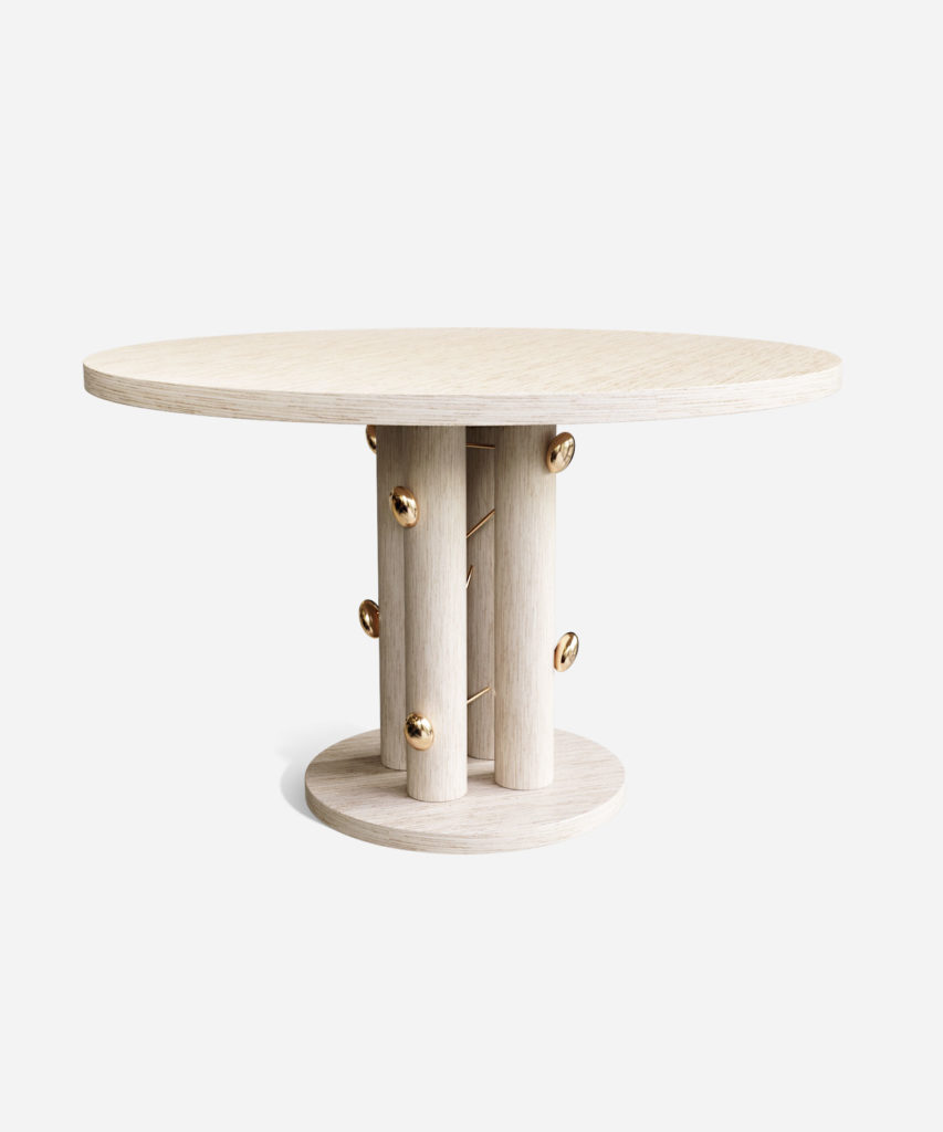 açık meşe yuvarlak özel üretim masa, pirinç detaylı özel ölçü yemek masası, silindirik ayaklı sipariş mobilya masa, dairesel kaideli ısmarlama mobilya, modern lüks yuvarlak dining table