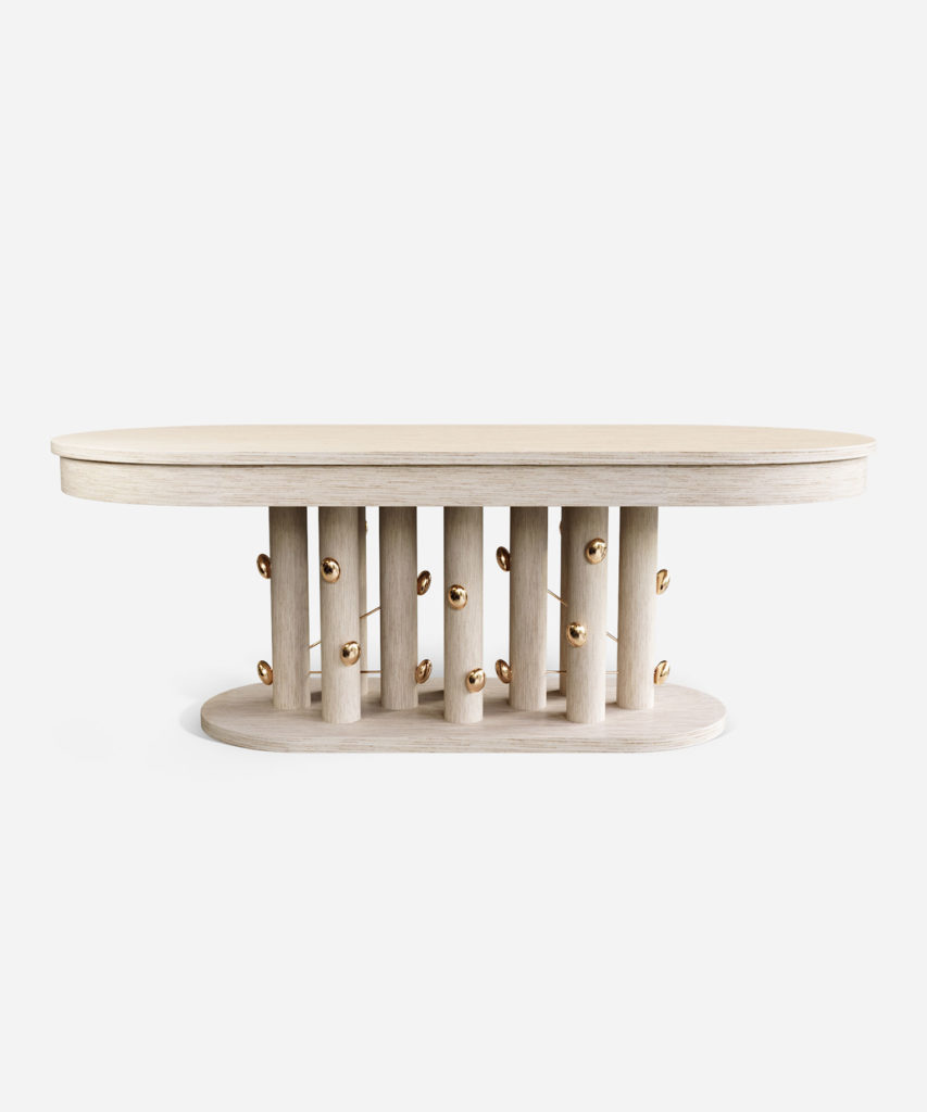 açık meşe oval özel üretim masa, pirinç detaylı özel ölçü yemek masası, çoklu silindirik ayaklı sipariş mobilya, oval kaideli ısmarlama mobilya masa, heykelsi modern lüks dining table