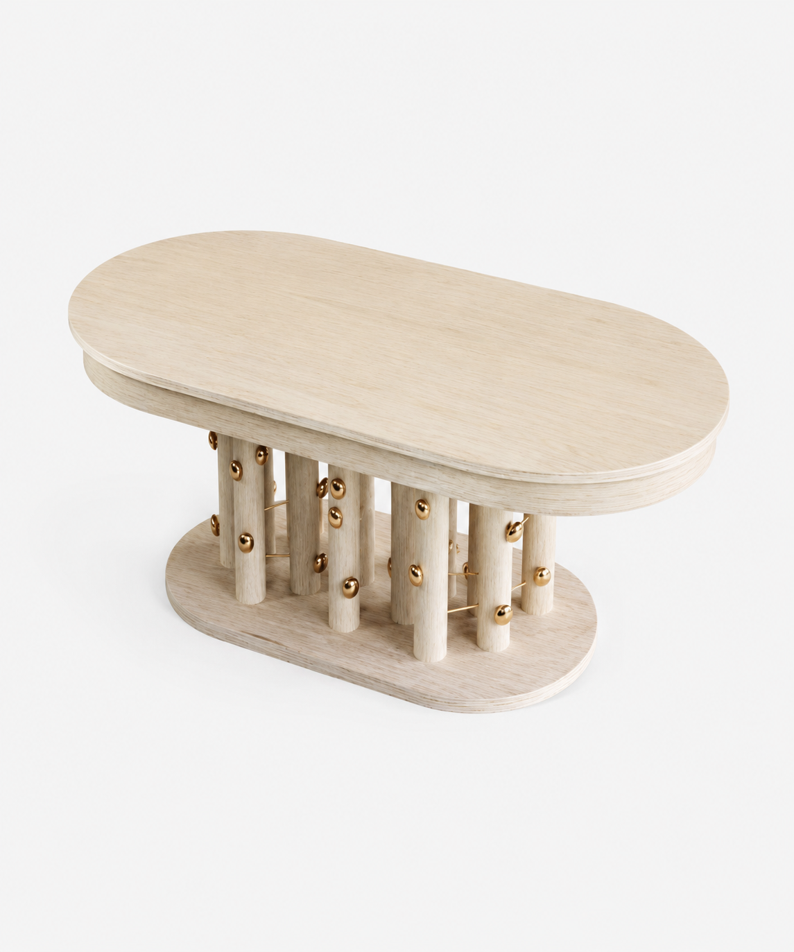 açık meşe oval özel üretim masa, pirinç detaylı özel ölçü yemek masası, çoklu silindirik ayaklı sipariş mobilya, oval kaideli ısmarlama mobilya masa, heykelsi modern lüks dining table