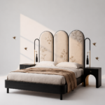 art deco luxury karyola, floral desenli modern yatak, özel üretim siyah lake karyola, pirinç detaylı contemporary bed, kemerli başlıklı tasarım yatak