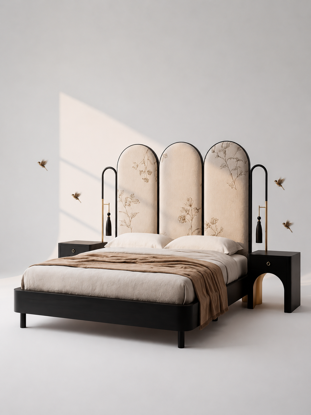 art deco luxury karyola, floral desenli modern yatak, özel üretim siyah lake karyola, pirinç detaylı contemporary bed, kemerli başlıklı tasarım yatak