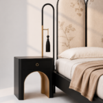 art deco luxury karyola, floral desenli modern yatak, özel üretim siyah lake karyola, pirinç detaylı contemporary bed, kemerli başlıklı tasarım yatak