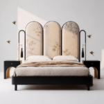 art deco luxury karyola, floral desenli modern yatak, özel üretim siyah lake karyola, pirinç detaylı contemporary bed, kemerli başlıklı tasarım yatak