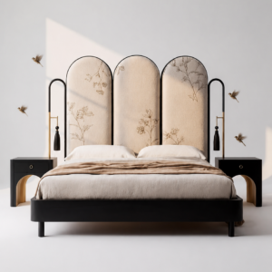 art deco luxury karyola, floral desenli modern yatak, özel üretim siyah lake karyola, pirinç detaylı contemporary bed, kemerli başlıklı tasarım yatak