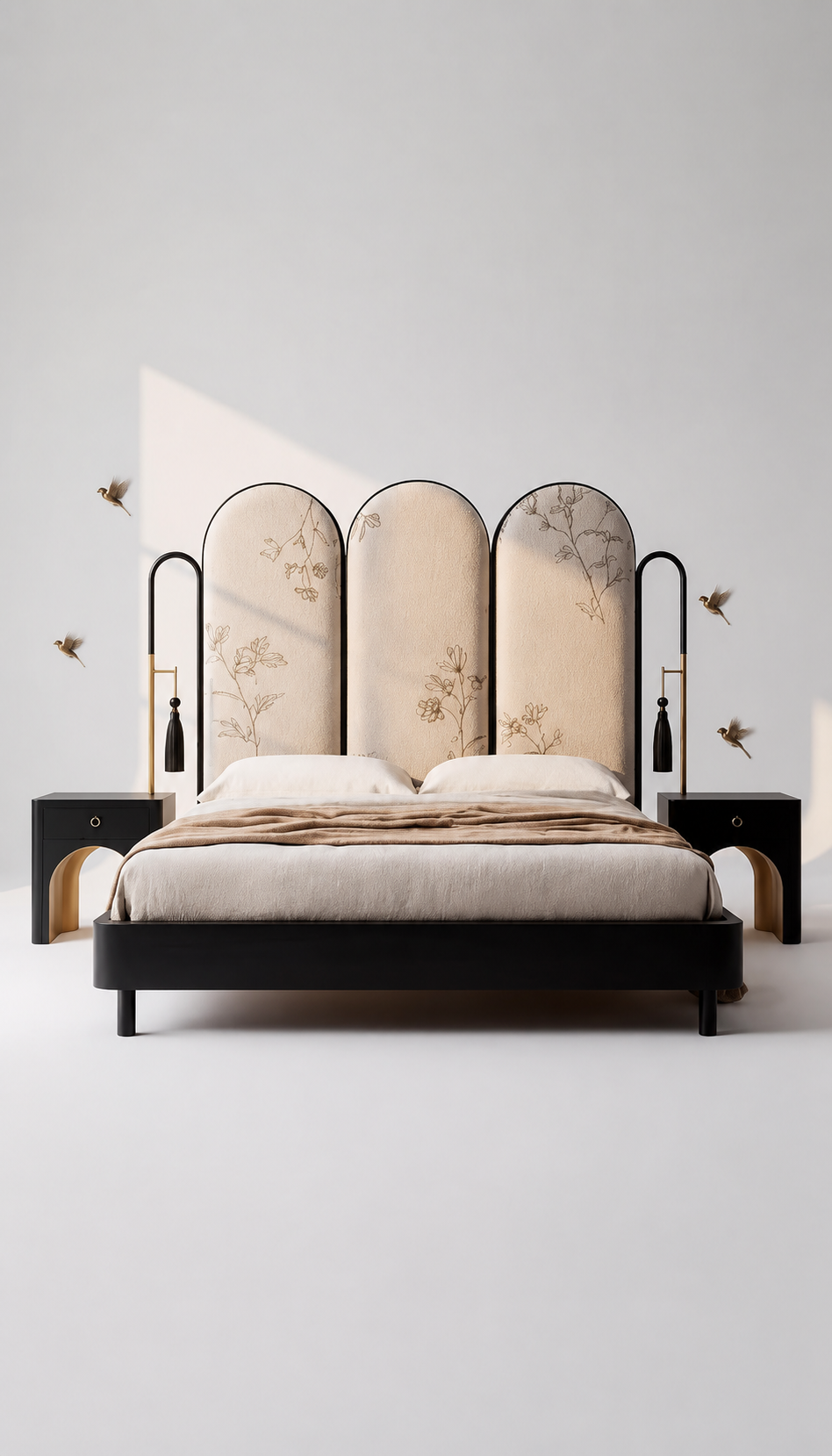art deco luxury karyola, floral desenli modern yatak, özel üretim siyah lake karyola, pirinç detaylı contemporary bed, kemerli başlıklı tasarım yatak