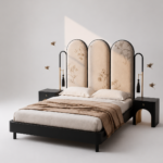 art deco luxury karyola, floral desenli modern yatak, özel üretim siyah lake karyola, pirinç detaylı contemporary bed, kemerli başlıklı tasarım yatak