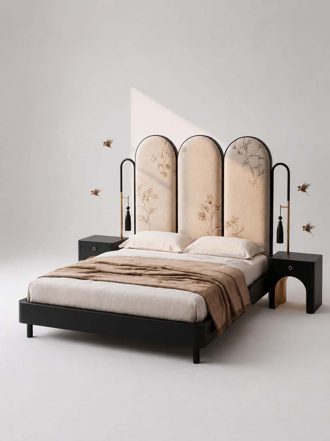 art deco luxury karyola, floral desenli modern yatak, özel üretim siyah lake karyola, pirinç detaylı contemporary bed, kemerli başlıklı tasarım yatak