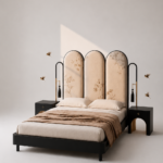 art deco luxury karyola, floral desenli modern yatak, özel üretim siyah lake karyola, pirinç detaylı contemporary bed, kemerli başlıklı tasarım yatak