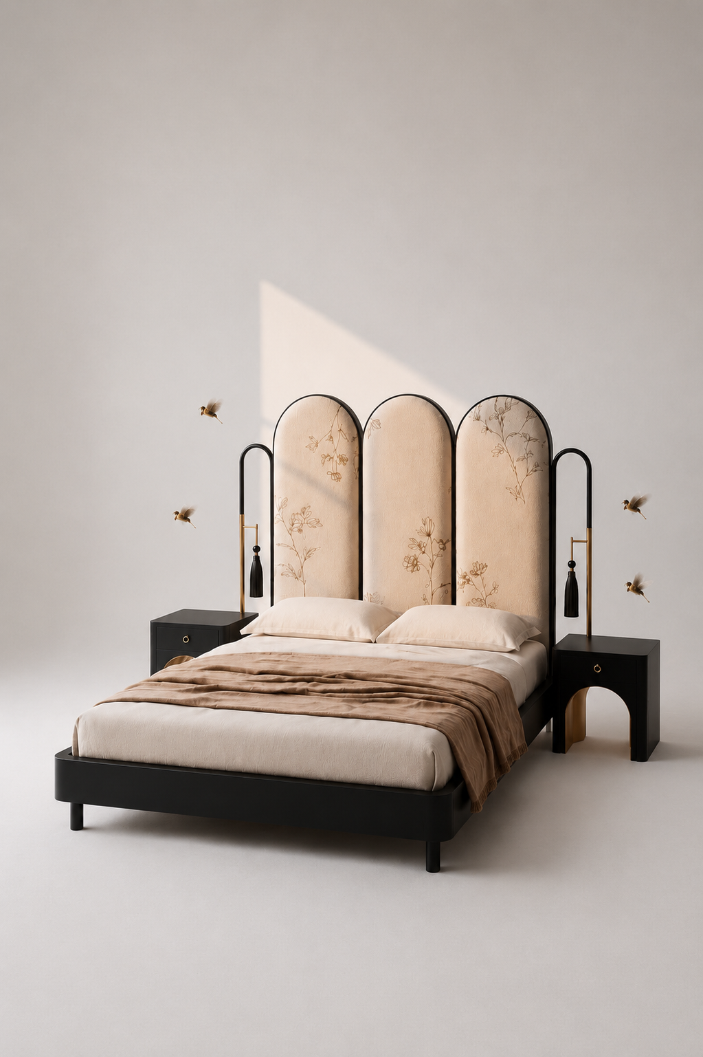 art deco luxury karyola, floral desenli modern yatak, özel üretim siyah lake karyola, pirinç detaylı contemporary bed, kemerli başlıklı tasarım yatak