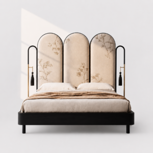 art deco luxury karyola, floral desenli modern yatak, özel üretim siyah lake karyola, pirinç detaylı contemporary bed, kemerli başlıklı tasarım yatak