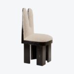 boucle modern sandalye, brutalist siyah ahşap dining chair, özel üretim sculptural sandalye, minimal contemporary yemek sandalyesi, collectible tasarım chair
