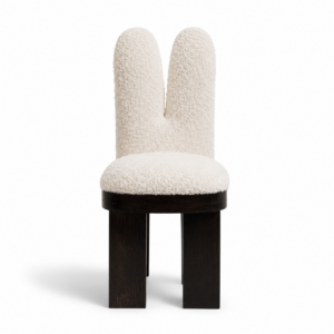 boucle modern sandalye, brutalist siyah ahşap dining chair, özel üretim sculptural sandalye, minimal contemporary yemek sandalyesi, collectible tasarım chair