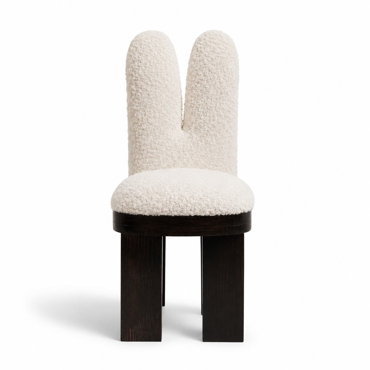 boucle modern sandalye, brutalist siyah ahşap dining chair, özel üretim sculptural sandalye, minimal contemporary yemek sandalyesi, collectible tasarım chair