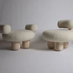 boucle lounge koltuk, organik formlu modern berjer, özel üretim collectible chair, masif ahşap ayaklı lounge koltuk, sculptural contemporary tasarım koltuk