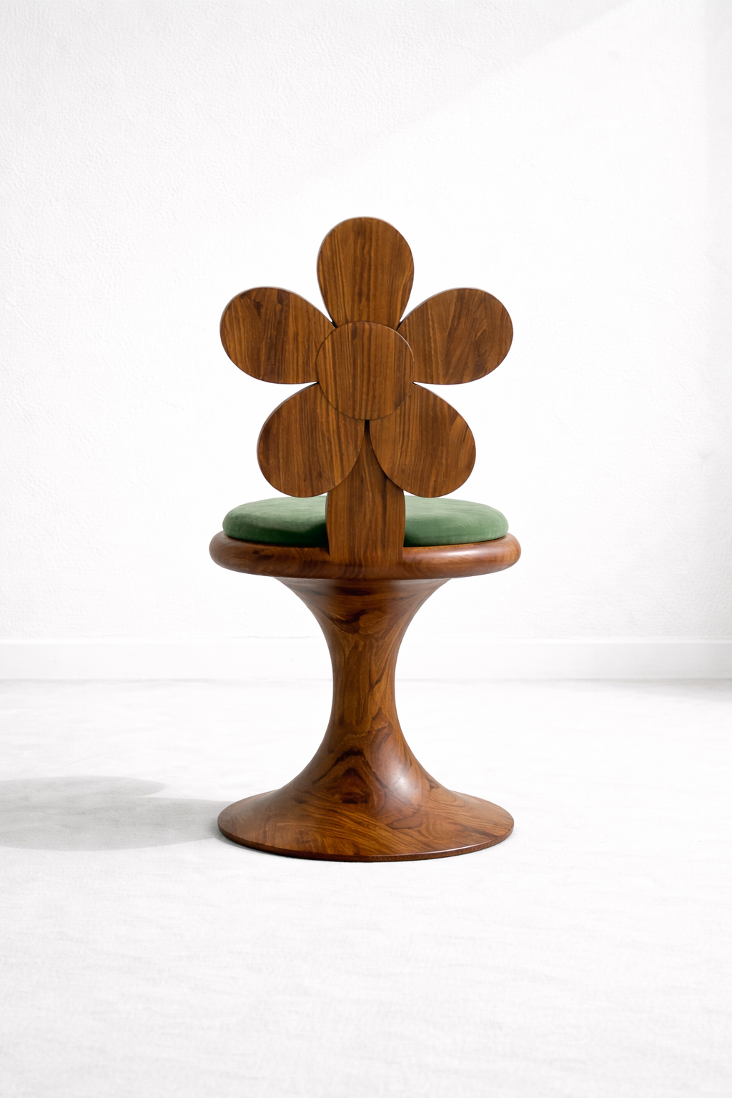 çiçek form ahşap sandalye, masif oyma tasarım sandalye, özel üretim artistik sandalye, pedestal ayaklı modern sandalye, ısmarlama dekoratif sandalye
