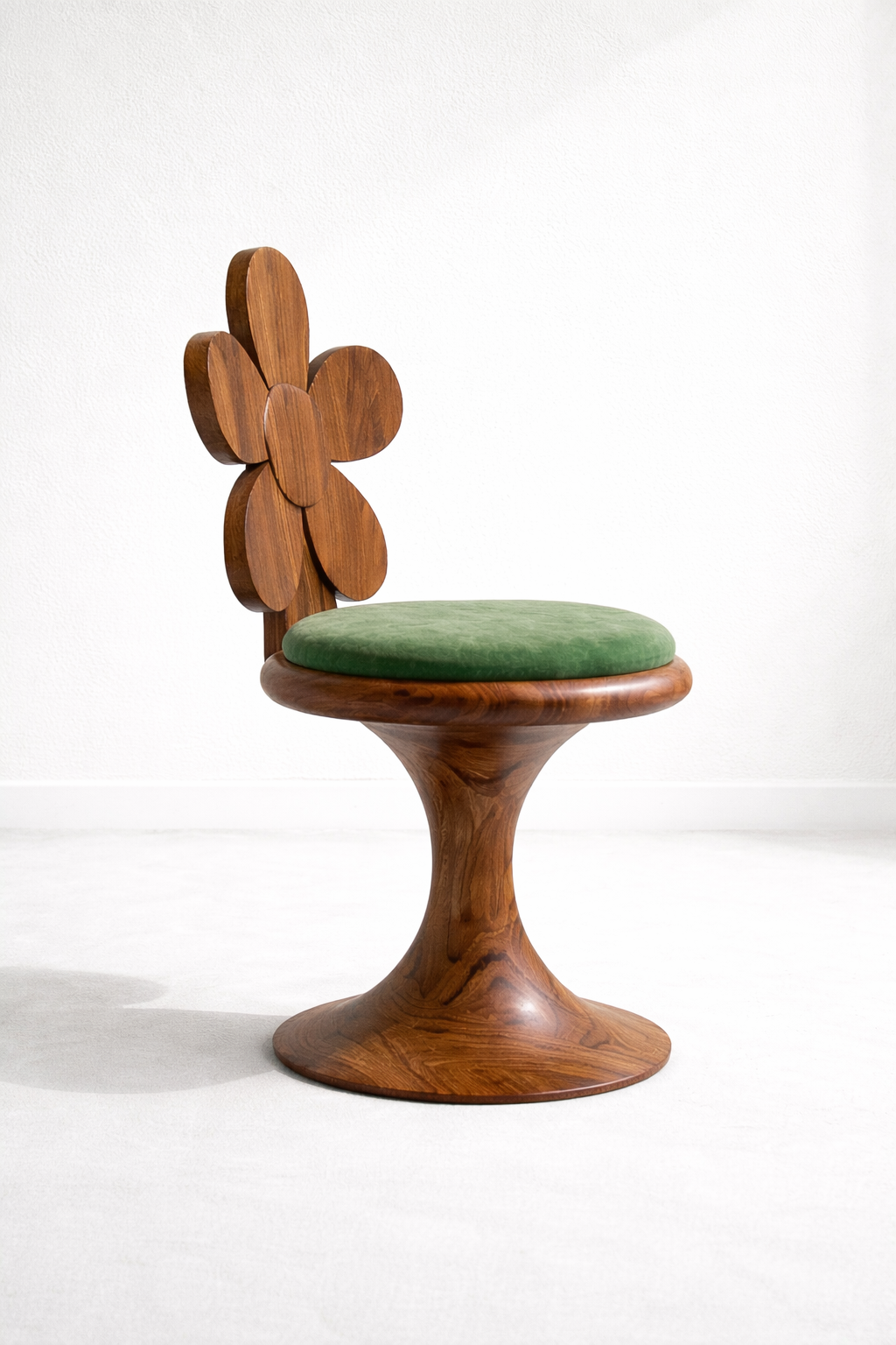 çiçek form ahşap sandalye, masif oyma tasarım sandalye, özel üretim artistik sandalye, pedestal ayaklı modern sandalye, ısmarlama dekoratif sandalye