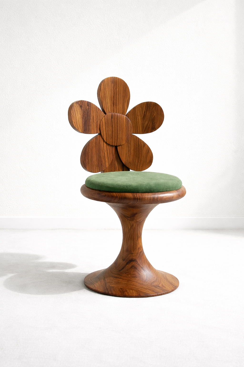 çiçek form ahşap sandalye, masif oyma tasarım sandalye, özel üretim artistik sandalye, pedestal ayaklı modern sandalye, ısmarlama dekoratif sandalye