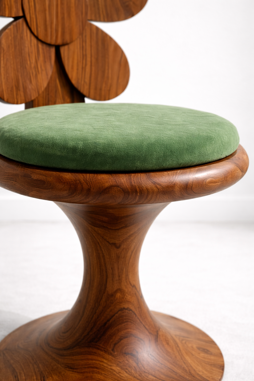 çiçek form ahşap sandalye, masif oyma tasarım sandalye, özel üretim artistik sandalye, pedestal ayaklı modern sandalye, ısmarlama dekoratif sandalye