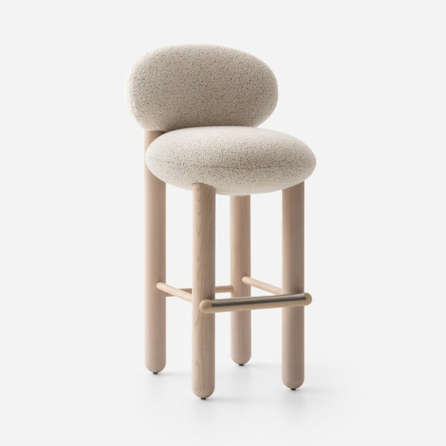 krem benekli boucle özel üretim bar sandalyesi, açık meşe özel ölçü bar chair, silindirik ayaklı sipariş mobilya sandalye, metal ayaklıklı ısmarlama mobilya bar sandalyesi, yuvarlak sırtlı modern luxury bar chair