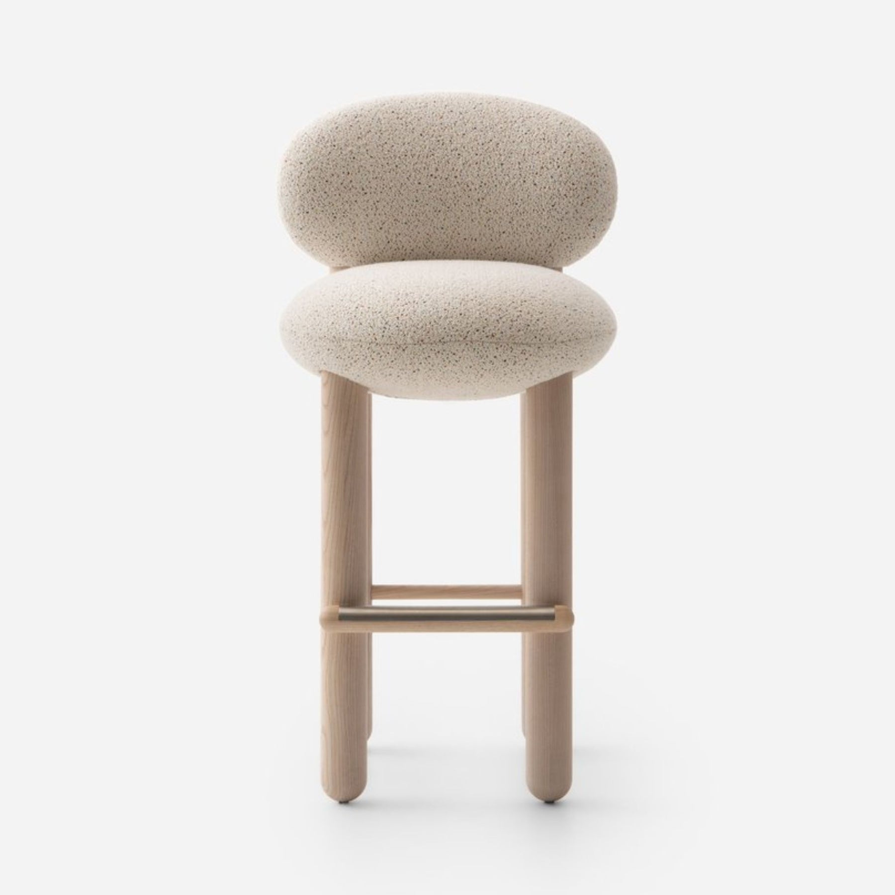 krem benekli boucle özel üretim bar sandalyesi, açık meşe özel ölçü bar chair, silindirik ayaklı sipariş mobilya sandalye, metal ayaklıklı ısmarlama mobilya bar sandalyesi, yuvarlak sırtlı modern luxury bar chair