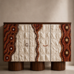sırlı seramik panelli özel üretim büfe, ceviz silindirik ayaklı özel ölçü sideboard, desenli kapaklı sipariş mobilya büfe, seramik yüzeyli ısmarlama mobilya konsol, luxury dining room için tasarım büfe