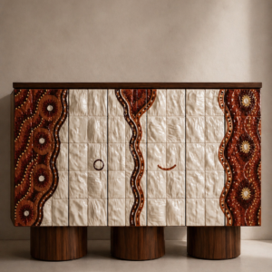 sırlı seramik panelli özel üretim büfe, ceviz silindirik ayaklı özel ölçü sideboard, desenli kapaklı sipariş mobilya büfe, seramik yüzeyli ısmarlama mobilya konsol, luxury dining room için tasarım büfe