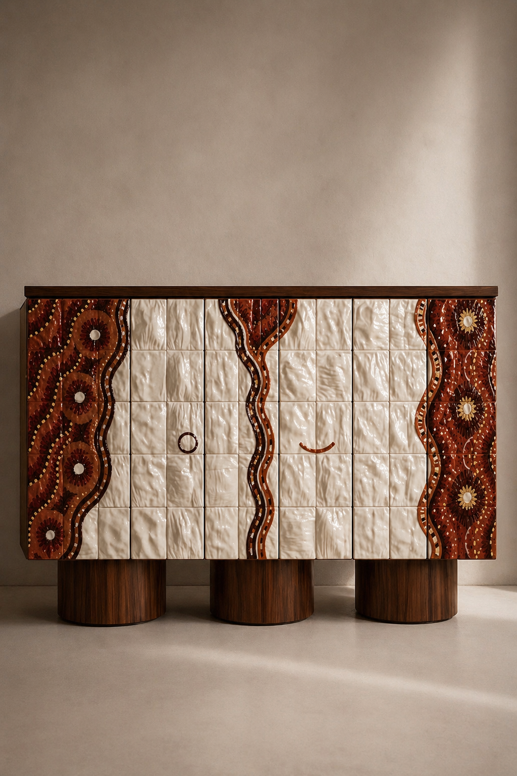 sırlı seramik panelli özel üretim büfe, ceviz silindirik ayaklı özel ölçü sideboard, desenli kapaklı sipariş mobilya büfe, seramik yüzeyli ısmarlama mobilya konsol, luxury dining room için tasarım büfe