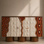 sırlı seramik panelli özel üretim büfe, ceviz silindirik ayaklı özel ölçü sideboard, desenli kapaklı sipariş mobilya büfe, seramik yüzeyli ısmarlama mobilya konsol, luxury dining room için tasarım büfe