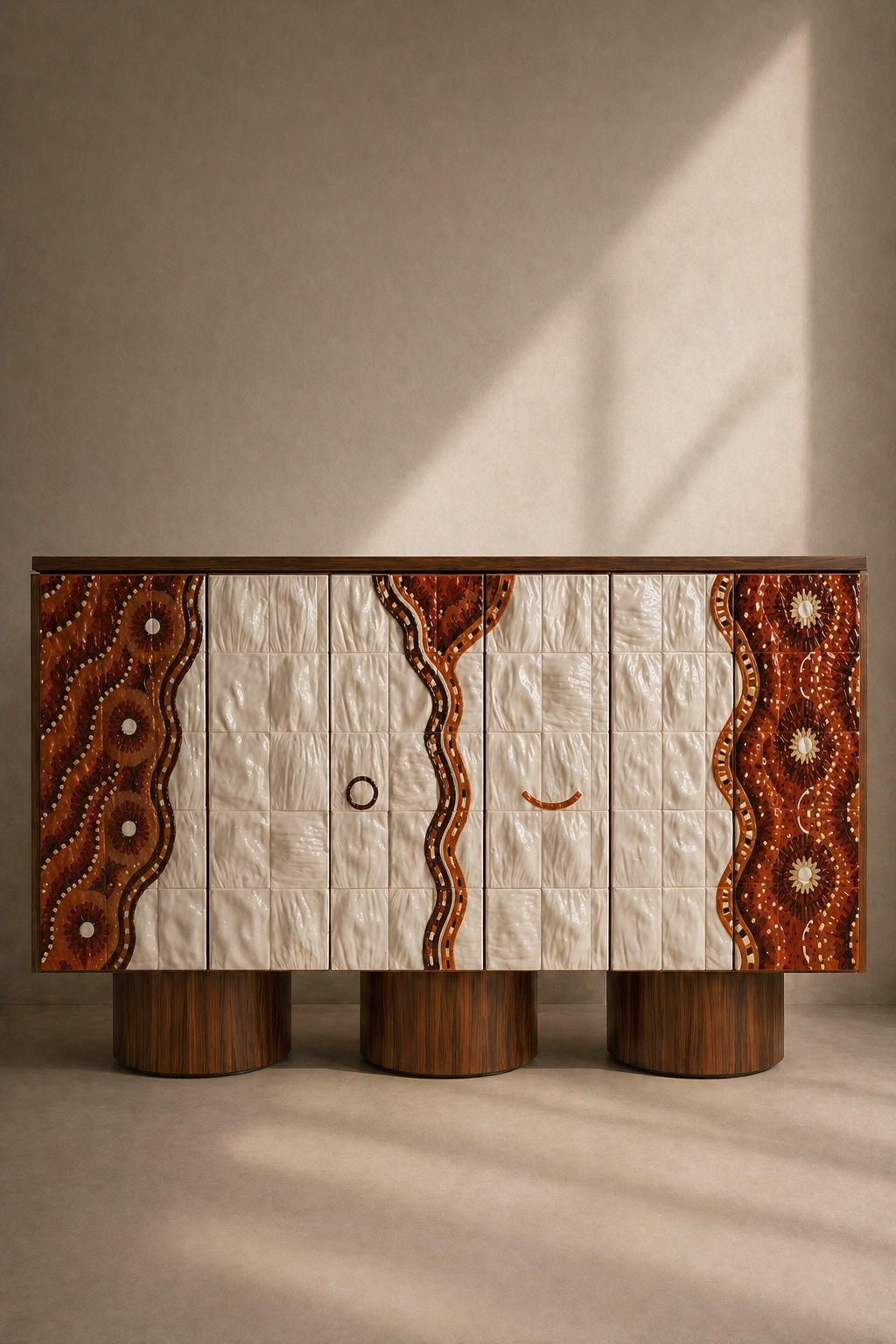 sırlı seramik panelli özel üretim büfe, ceviz silindirik ayaklı özel ölçü sideboard, desenli kapaklı sipariş mobilya büfe, seramik yüzeyli ısmarlama mobilya konsol, luxury dining room için tasarım büfe