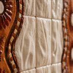 sırlı seramik panelli özel üretim büfe, ceviz silindirik ayaklı özel ölçü sideboard, desenli kapaklı sipariş mobilya büfe, seramik yüzeyli ısmarlama mobilya konsol, luxury dining room için tasarım büfe