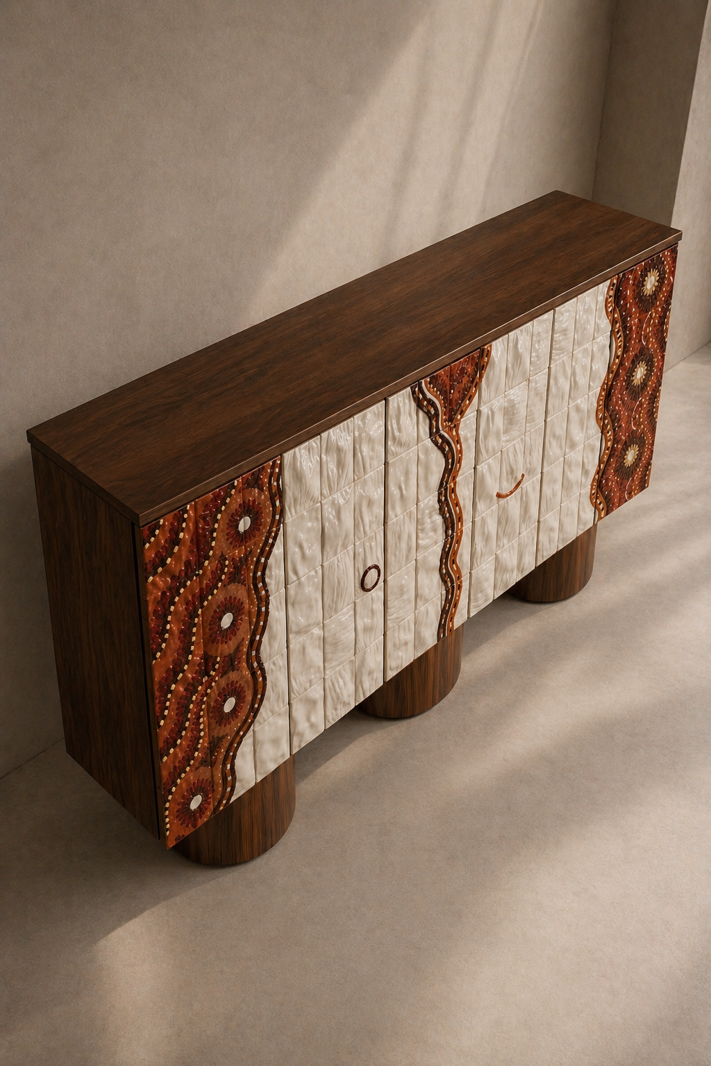 sırlı seramik panelli özel üretim büfe, ceviz silindirik ayaklı özel ölçü sideboard, desenli kapaklı sipariş mobilya büfe, seramik yüzeyli ısmarlama mobilya konsol, luxury dining room için tasarım büfe