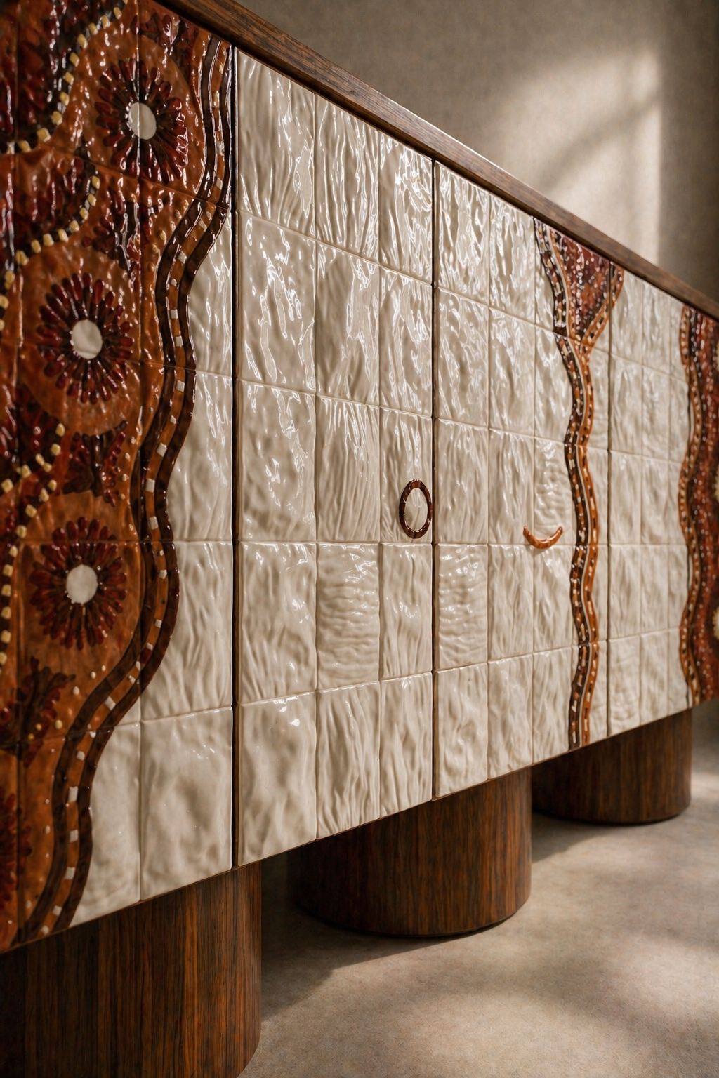 sırlı seramik panelli özel üretim büfe, ceviz silindirik ayaklı özel ölçü sideboard, desenli kapaklı sipariş mobilya büfe, seramik yüzeyli ısmarlama mobilya konsol, luxury dining room için tasarım büfe
