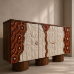 sırlı seramik panelli özel üretim büfe, ceviz silindirik ayaklı özel ölçü sideboard, desenli kapaklı sipariş mobilya büfe, seramik yüzeyli ısmarlama mobilya konsol, luxury dining room için tasarım büfe