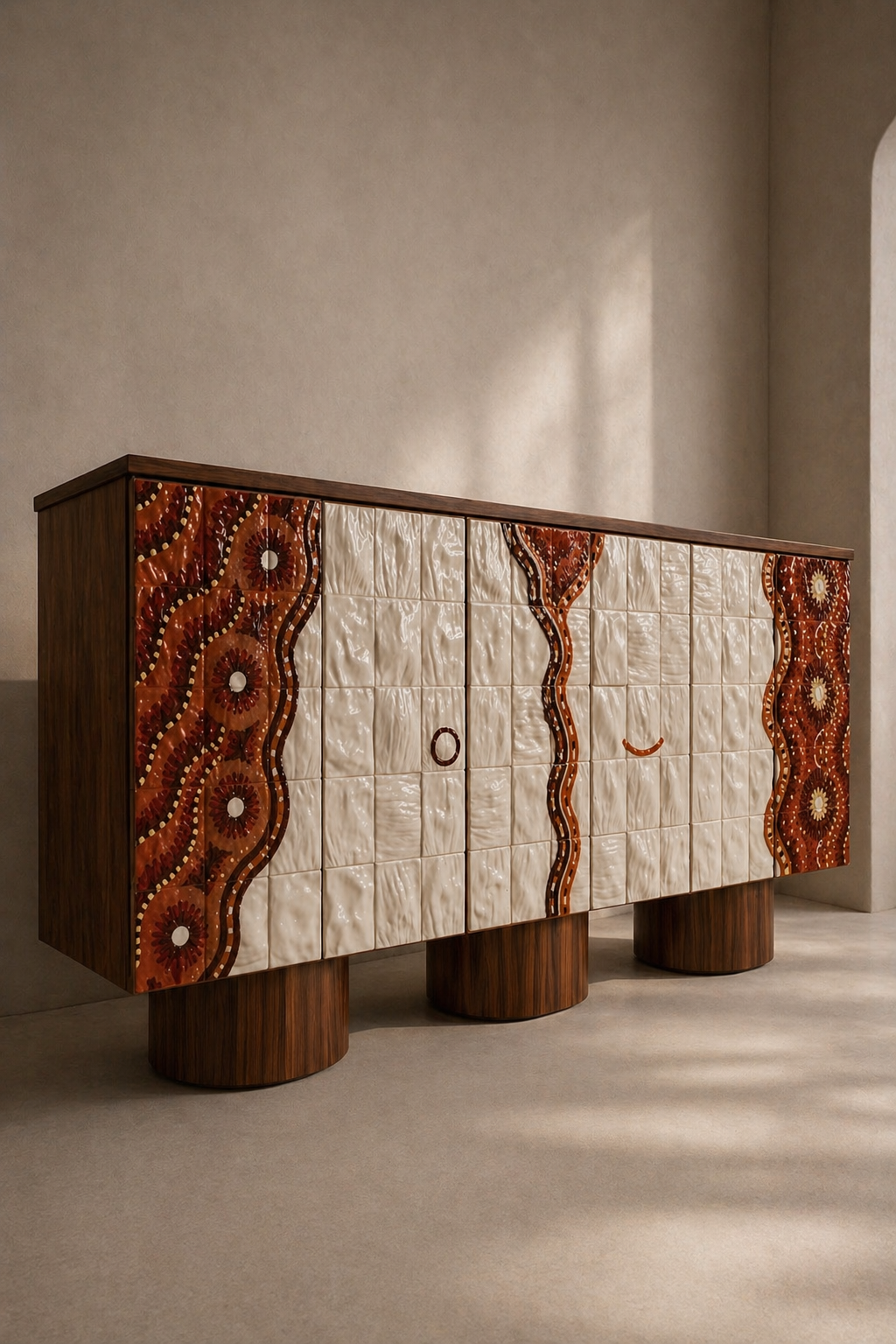 sırlı seramik panelli özel üretim büfe, ceviz silindirik ayaklı özel ölçü sideboard, desenli kapaklı sipariş mobilya büfe, seramik yüzeyli ısmarlama mobilya konsol, luxury dining room için tasarım büfe