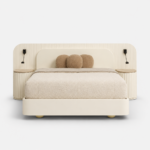 freze detaylı modern karyola, entegre komodinli luxury bed, özel üretim krem yatak tasarımı, oversized başlıklı contemporary karyola, modern hospitality stil yatak