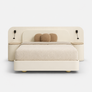 freze detaylı modern karyola, entegre komodinli luxury bed, özel üretim krem yatak tasarımı, oversized başlıklı contemporary karyola, modern hospitality stil yatak