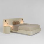 freze detaylı modern karyola, entegre komodinli luxury bed, özel üretim krem yatak tasarımı, oversized başlıklı contemporary karyola, modern hospitality stil yatak