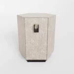 sedef efektli özel üretim komodin, geometrik kapaklı özel ölçü bedside table, pirinç detaylı sipariş mobilya yatak yanı, siyah kaideli ısmarlama mobilya komodin, kuşgözü desenli luxury yatak odası komodini