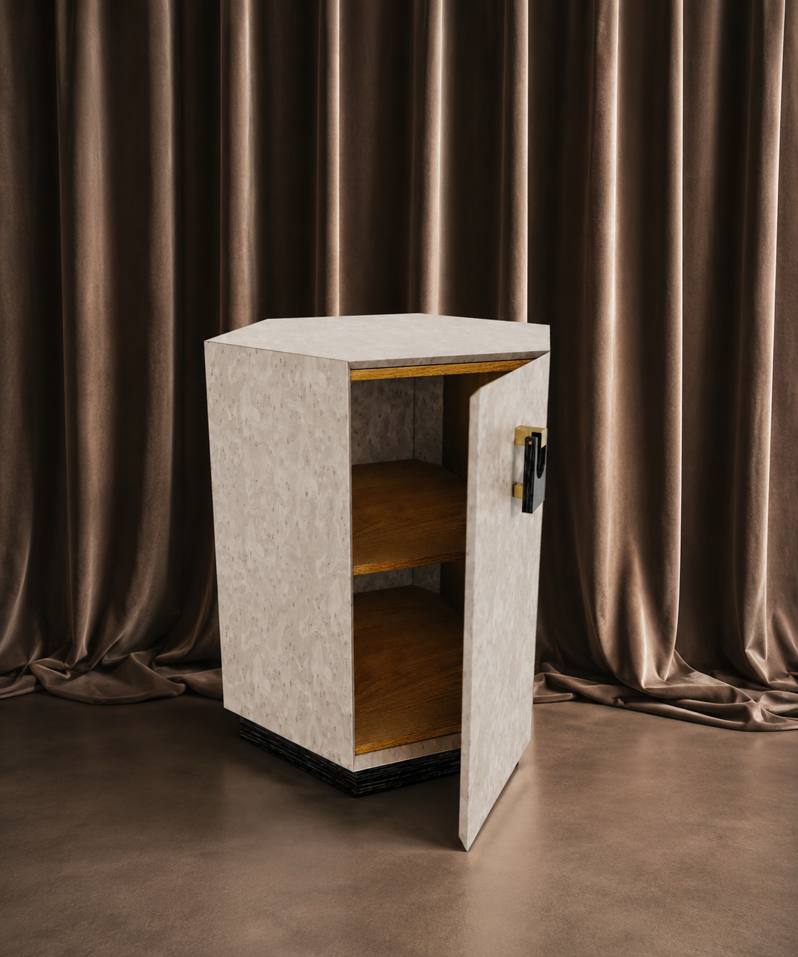 sedef efektli özel üretim komodin, geometrik kapaklı özel ölçü bedside table, pirinç detaylı sipariş mobilya yatak yanı, siyah kaideli ısmarlama mobilya komodin, kuşgözü desenli luxury yatak odası komodini