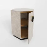 sedef efektli özel üretim komodin, geometrik kapaklı özel ölçü bedside table, pirinç detaylı sipariş mobilya yatak yanı, siyah kaideli ısmarlama mobilya komodin, kuşgözü desenli luxury yatak odası komodini